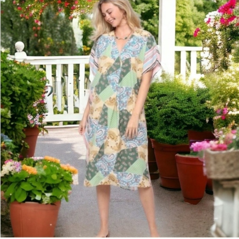 NWT GigiO Cottagecore Patchwork Midi Kaftan Dress Sz Small